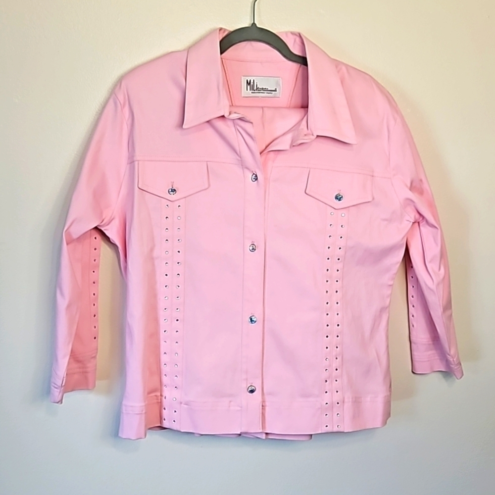 Milli Designs Pink Denim Rhinestone Jacket and Pants Set M/Large